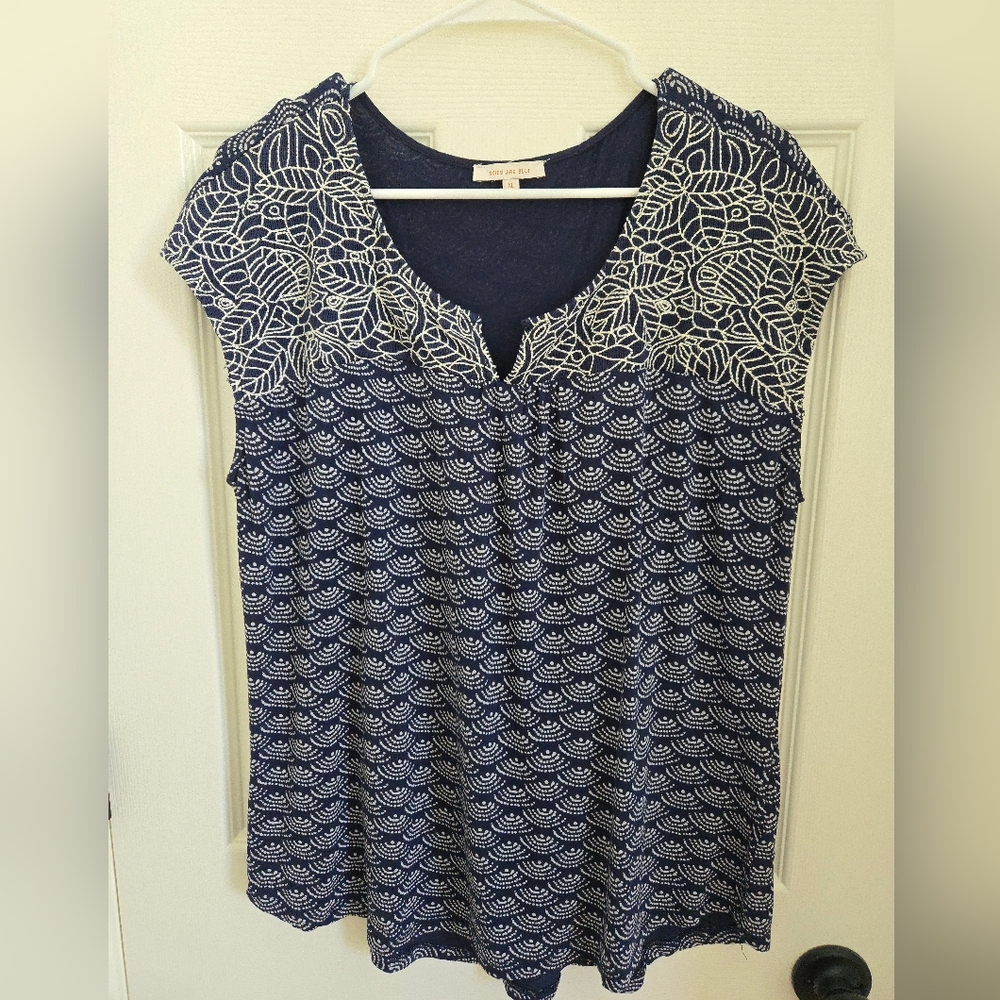 Skies Are Blue Navy and White Patterned Blouse
